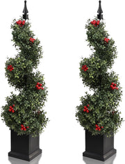 3ft 90cm Artificial Spiral Boxwood Topiary Tree with Red Fruits Indoor Outdoor