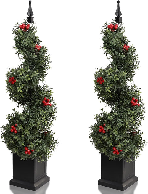 3ft 90cm Artificial Spiral Boxwood Topiary Tree with Red Fruits Indoor Outdoor