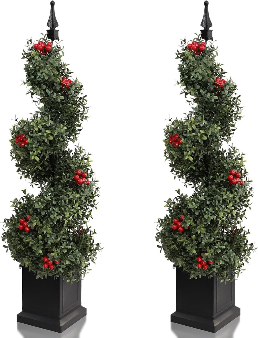 3ft 90cm Artificial Spiral Boxwood Topiary Tree with Red Fruits Indoor Outdoor