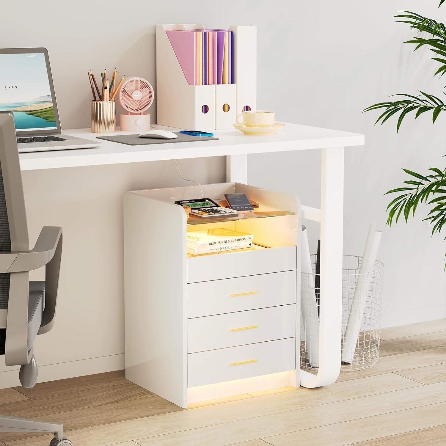 Modern White LED Bedside Table with Power Socket, RGB Light & 3 Drawers