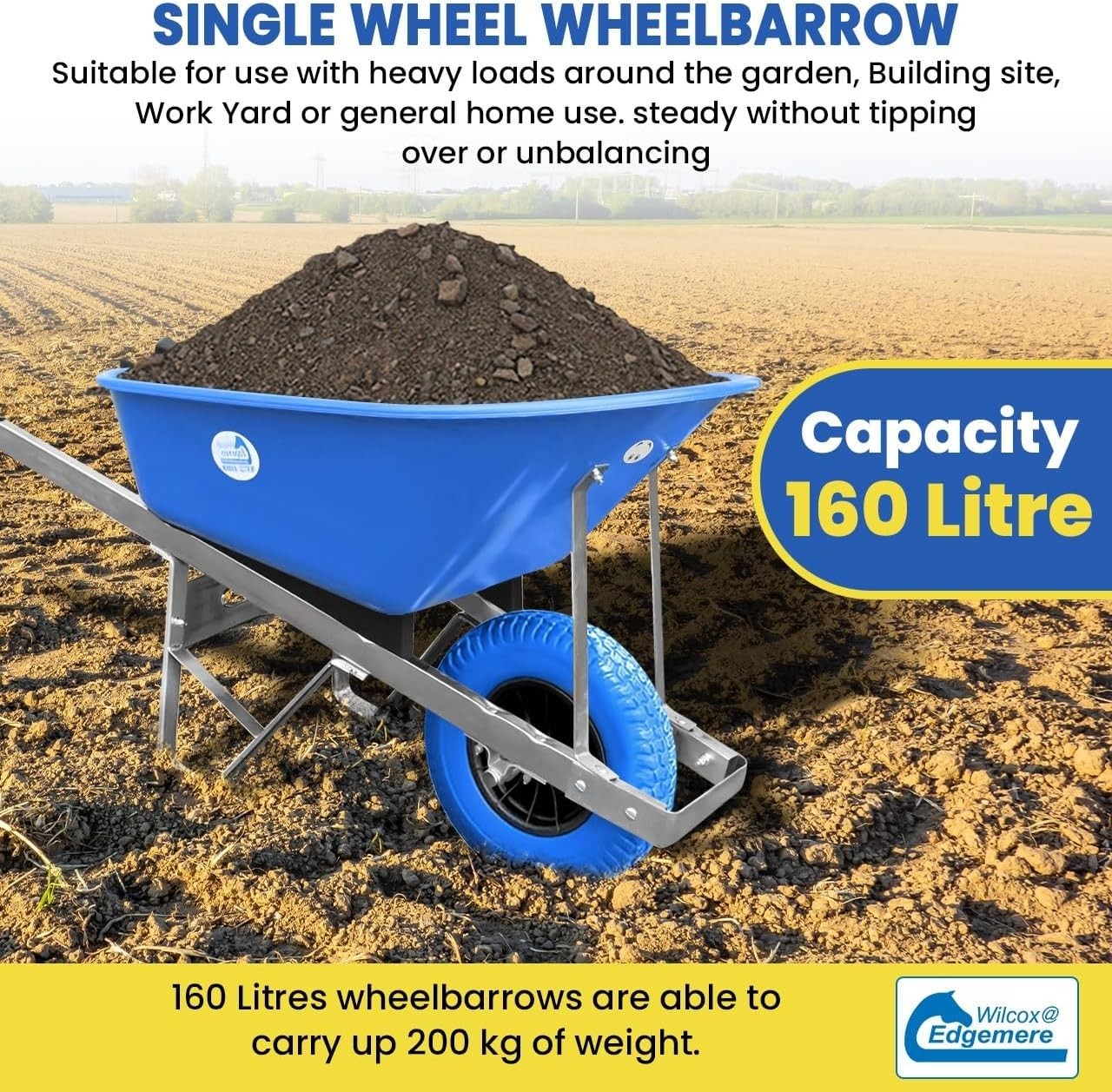 160L 1-Wheel Wheelbarrow Blue – PU Puncture-Proof Tyre w/ Galv Frame 175kg Cap