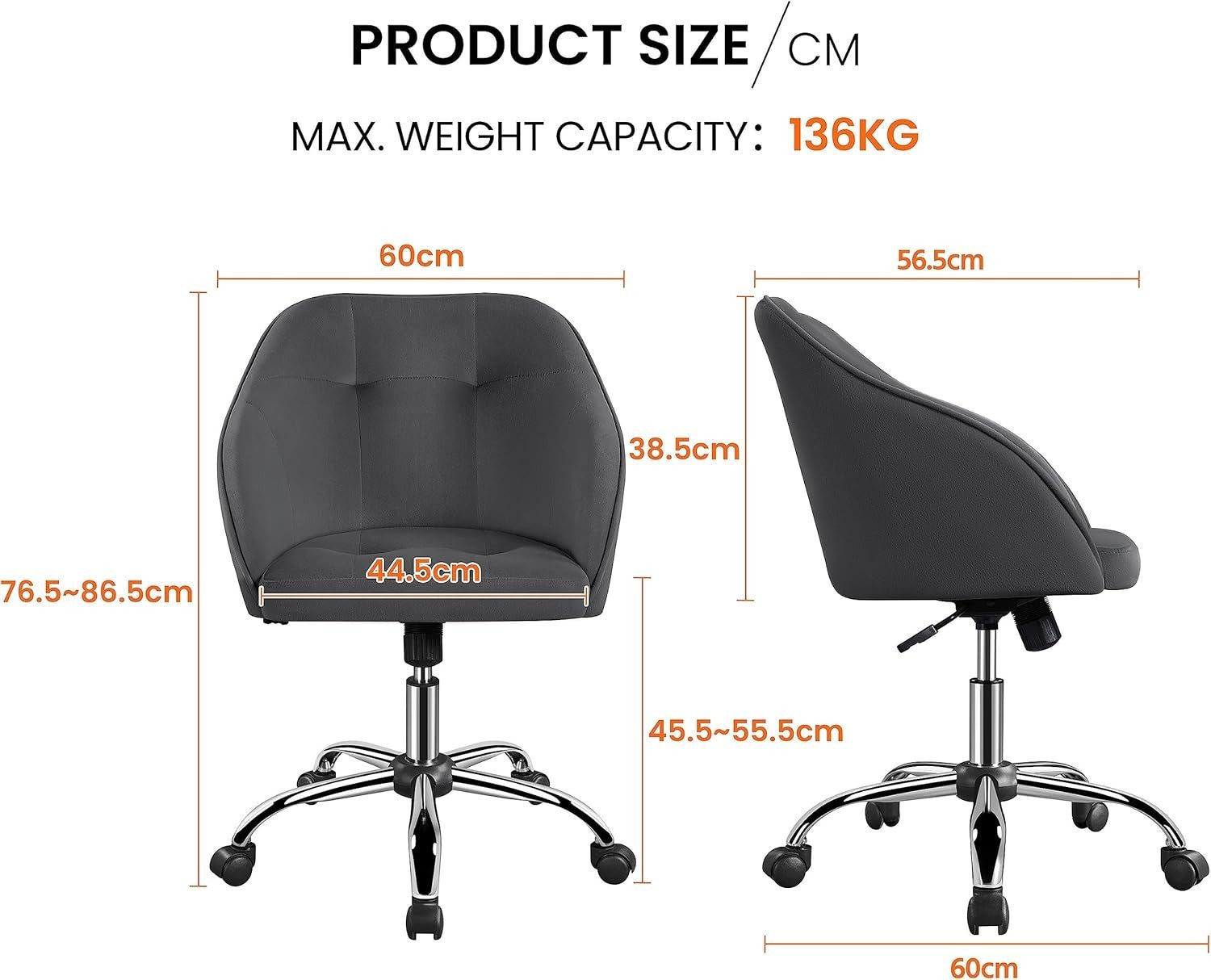 Ergonomic Grey Velvet Office Desk Chair Swivel Adjustable Height Home Armchair