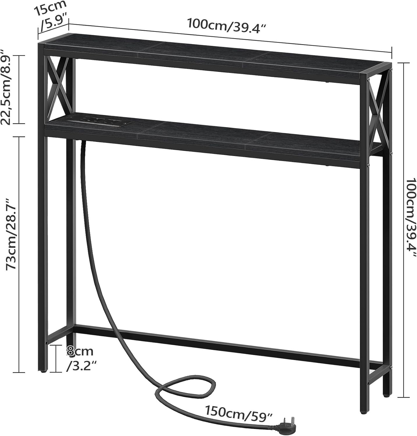 Narrow Sofa Table with Charging Station & Dual USB Ports, 100x15x100cm