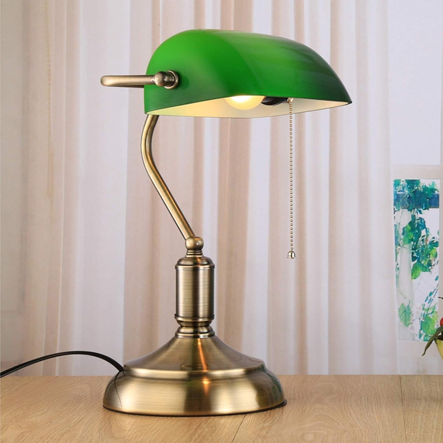 Green Glass Bankers Desk Lamp Brass Base Retro Style Adjustable Pull Chain