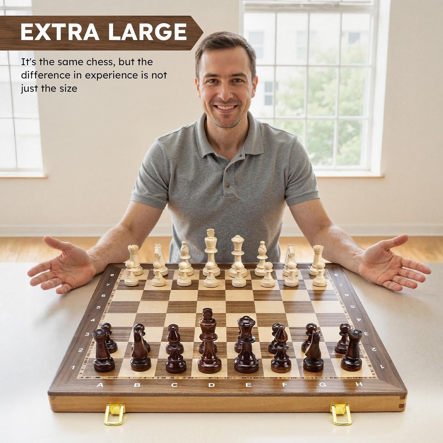 Large 19" Wooden Chess Set Foldable Tournament Board Weighted Pieces Extra Queen