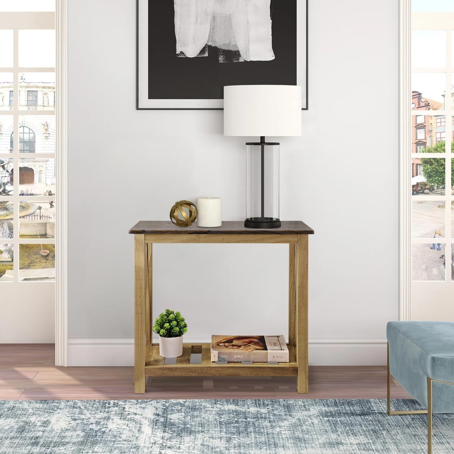 Rustic Narrow Side Table with Storage Shelf, Rectangular Nightstand for Small Sp