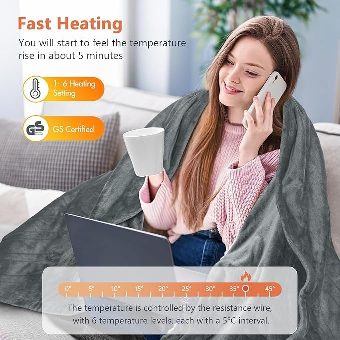 Electric Heated Throw Blanket Single Fleece 6 Heat Settings Timer Washable