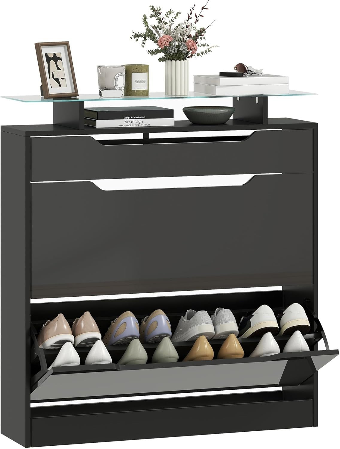 Modern Shoe Storage Cabinet – 2 Flip Doors, Drawer & Glass Top, Holds 16 Pairs