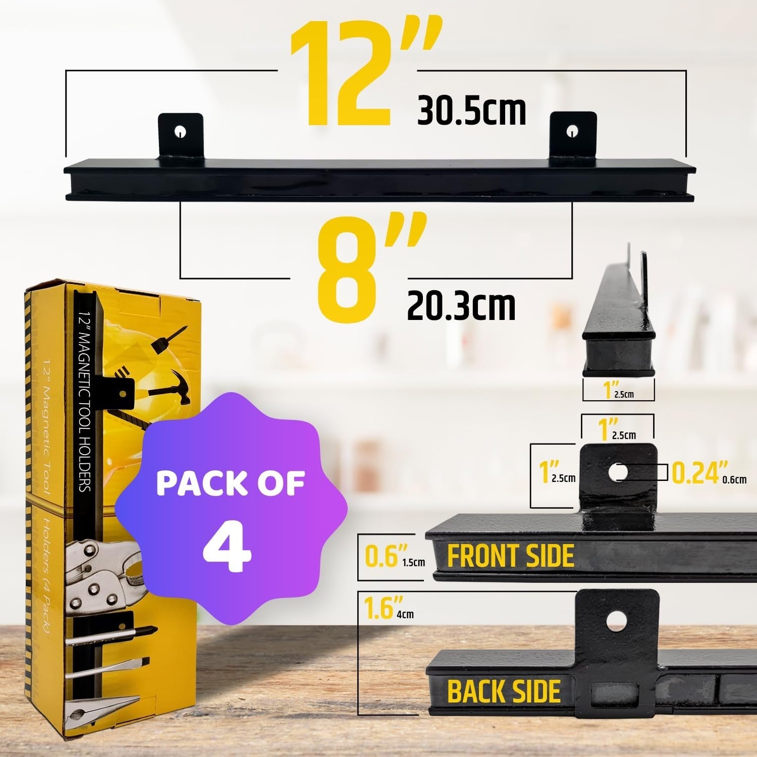 4-Pack Magnetic Tool Holder 48" Heavy-Duty Black Wall Mount