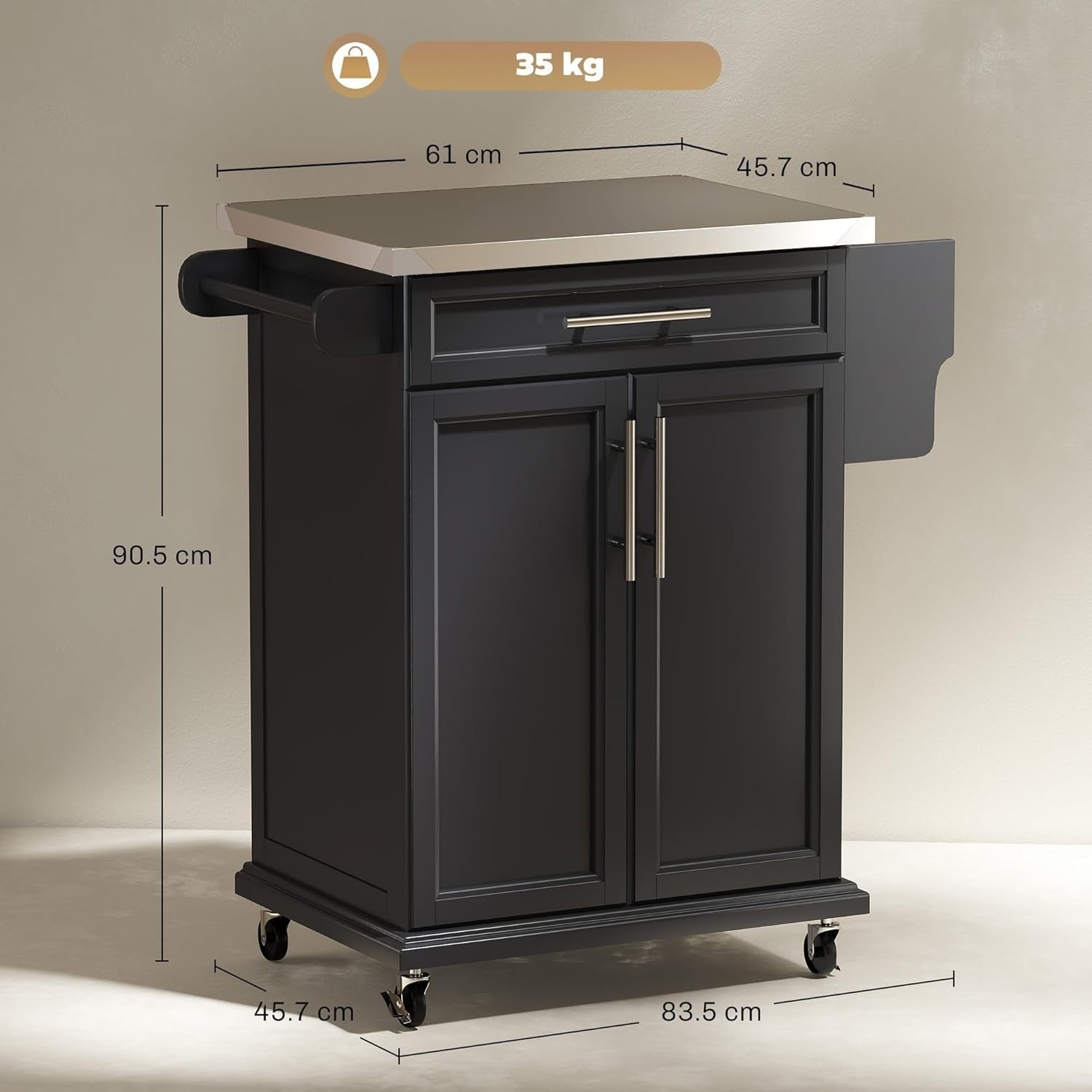 Movable Kitchen Island Cart with Stainless Steel Top, Storage Drawer & Wheels
