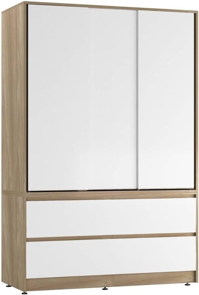 Sliding Door Wardrobe with Drawers Hanging Rail Storage Oak White