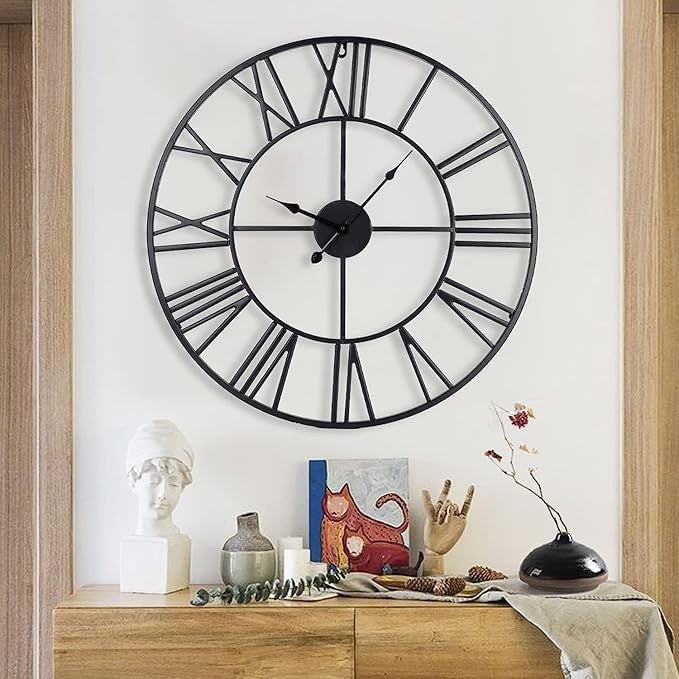 Extra Large 78cm Metal Roman Numeral Wall Clock Silent Open Face Vintage Black