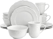 16pc White Porcelain Dinnerware Set Embossed Edge Plates Bowls Mugs