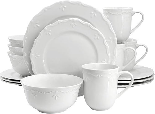 16pc White Porcelain Dinnerware Set Embossed Edge Plates Bowls Mugs