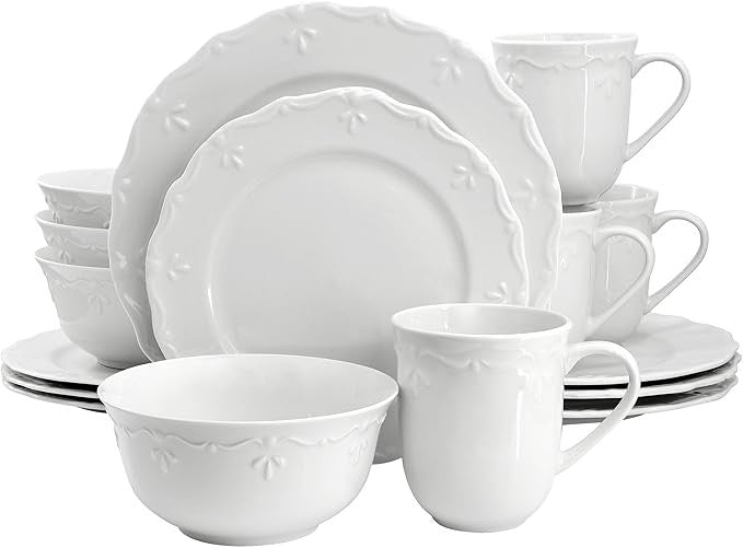 16pc White Porcelain Dinnerware Set Embossed Edge Plates Bowls Mugs