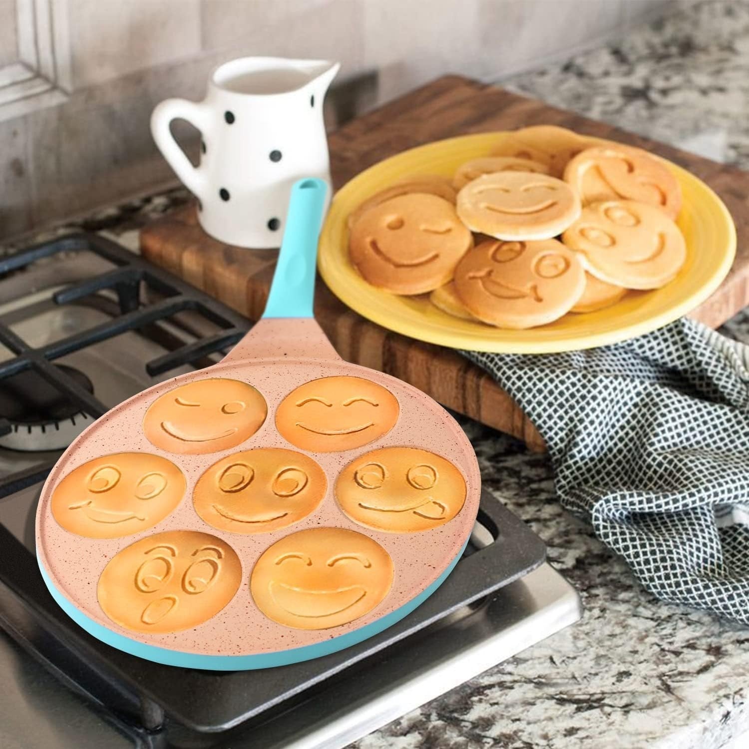 7-Hole Smiley Face Pancake Pan 26cm | Non-Stick Induction Mini Pancake Maker