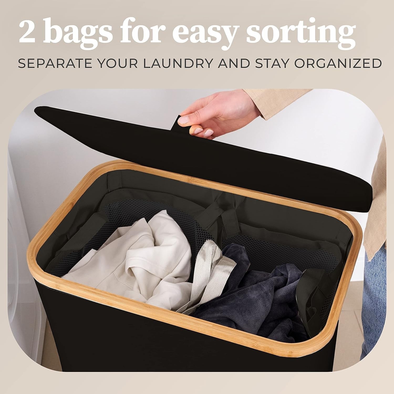 141L Black Laundry Hamper Bamboo With Lid Removable Double Bags Large Basket