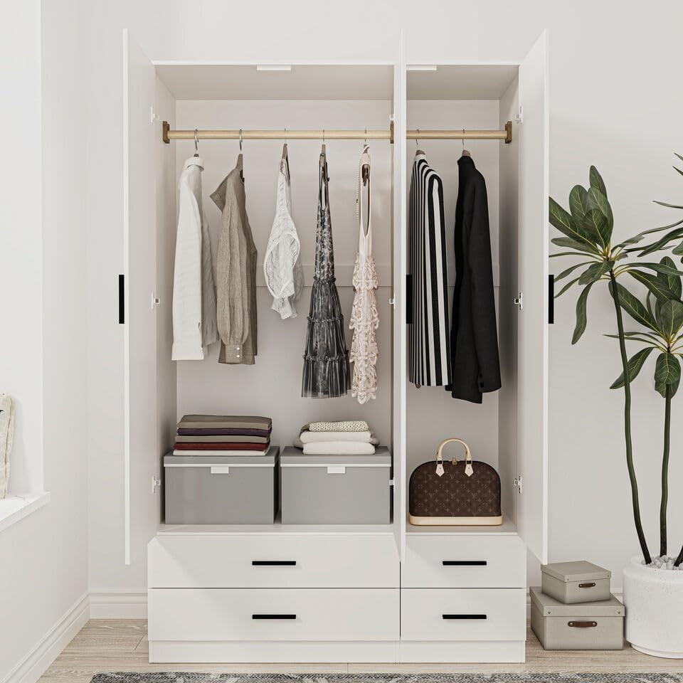 White 3 Door Wardrobe with 4 Drawers Modern Bedroom Storage Cupboard