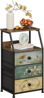 Vintage 3-Drawer Bedside Table with Open Shelf Storage | Rustic Metal Frame