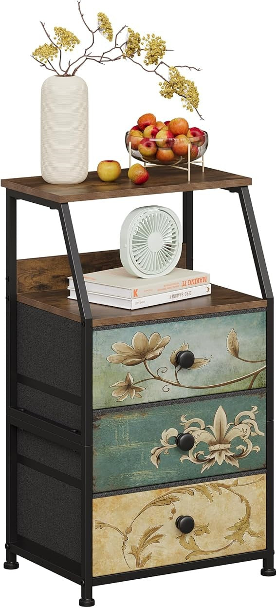 Vintage 3-Drawer Bedside Table with Open Shelf Storage | Rustic Metal Frame