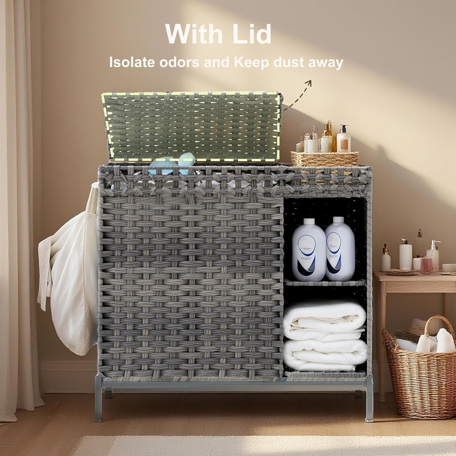 110L Grey Rattan Laundry Hamper 2 Section Basket with Lid & Storage Shelf
