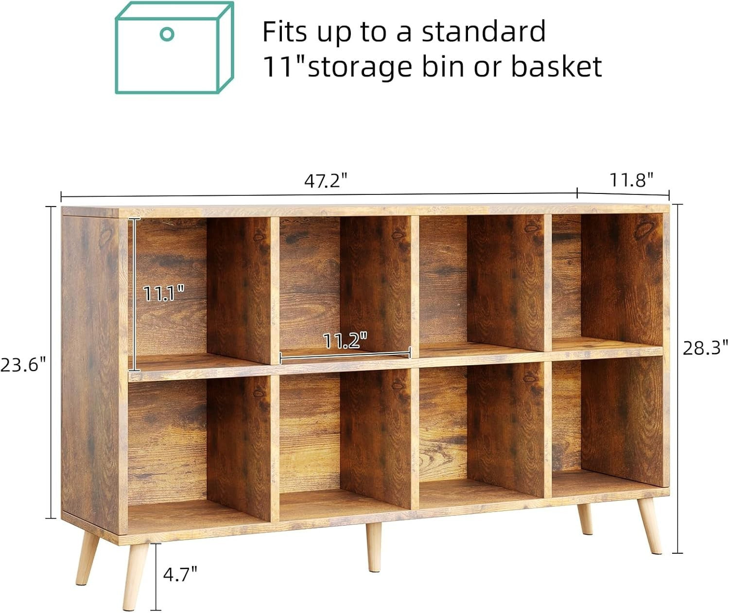 8 Cube Modern Bookcase with Legs Rustic Brown Wooden Storage Shelf 120cm