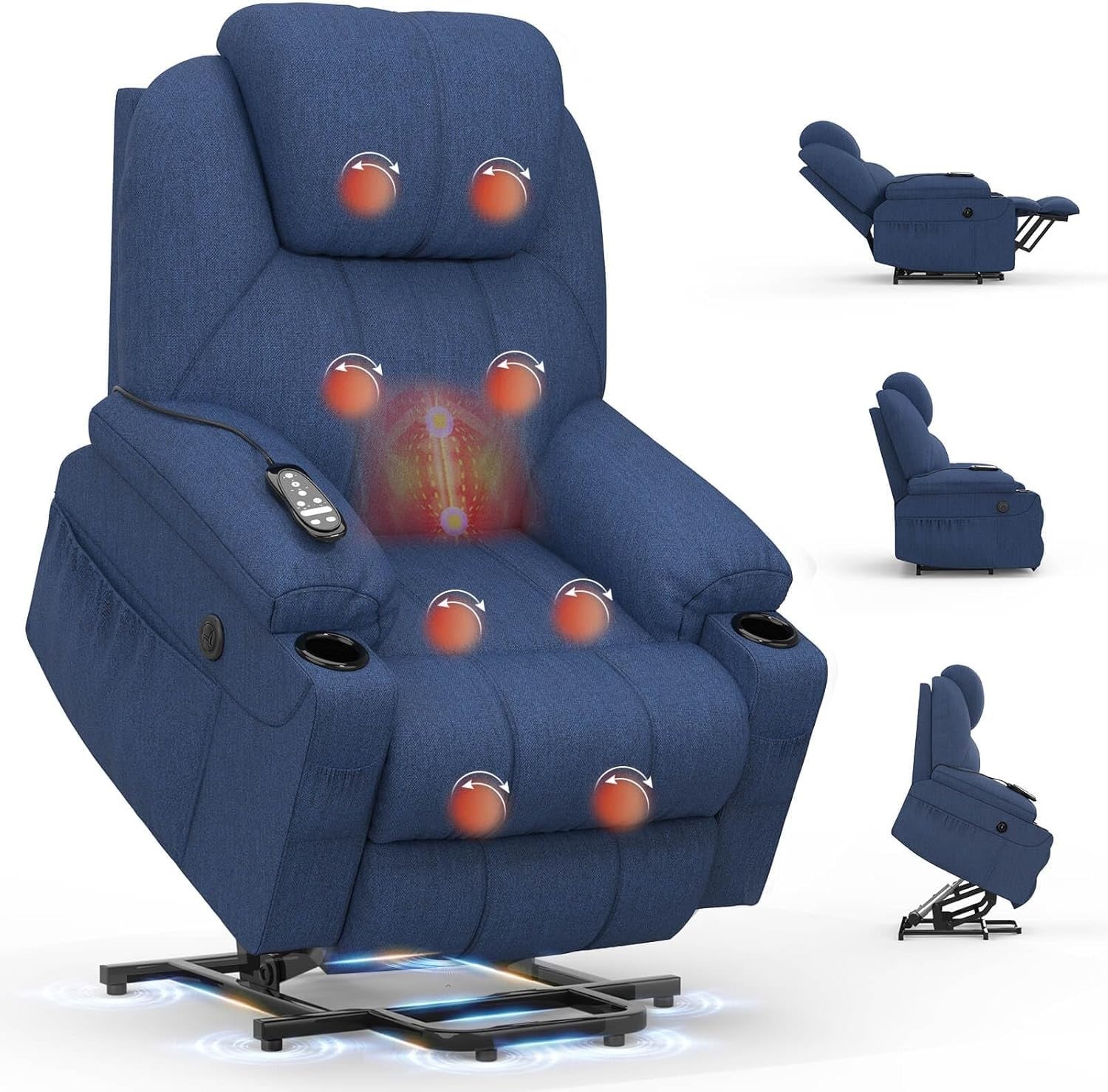 Power Lift Recliner Chair Massage Heat USB Type-C Cup Holders Fabric Dark Blue