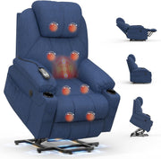 Power Lift Recliner Chair Massage Heat USB Type-C Cup Holders Fabric Dark Blue