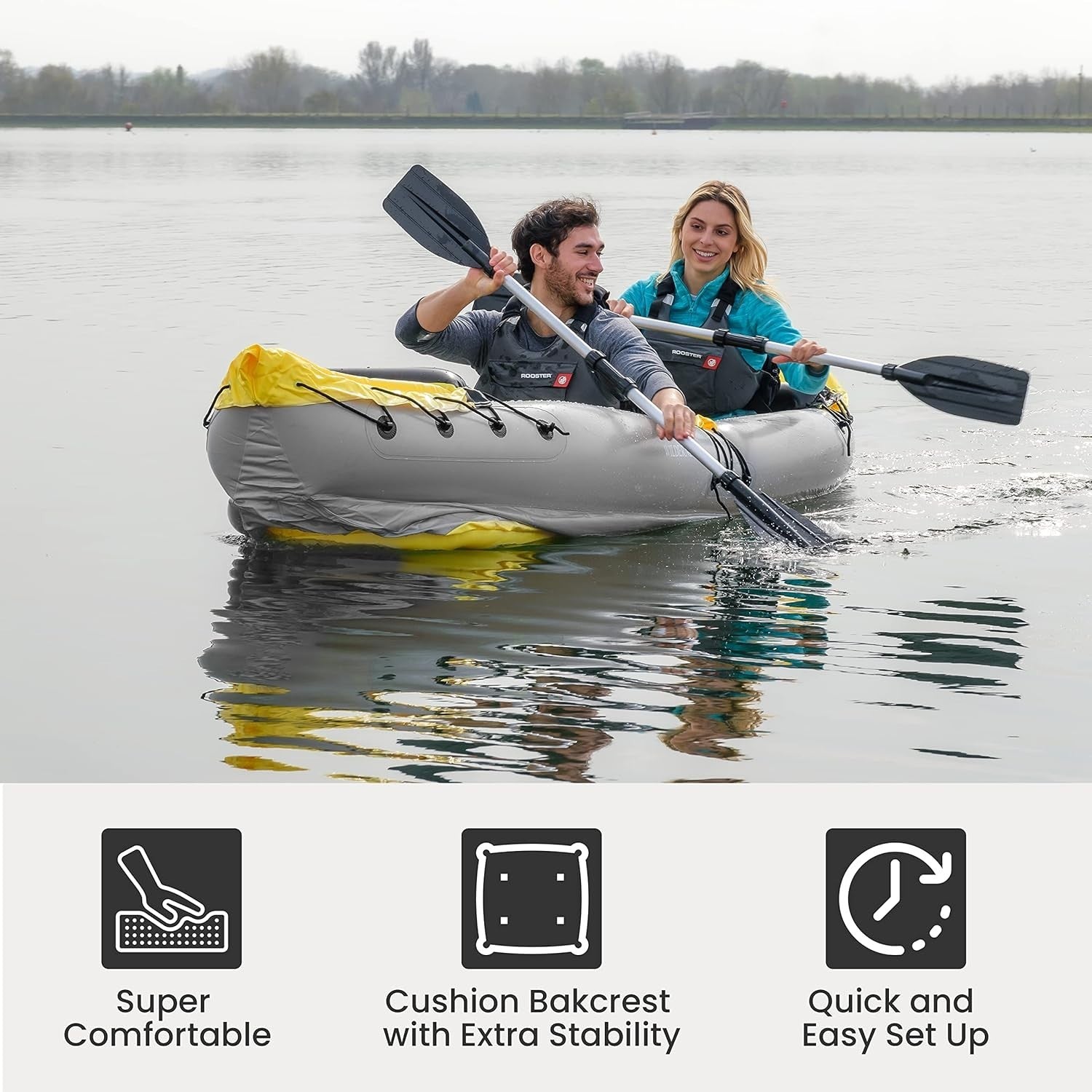 2 Person Inflatable Kayak Set w/ Oars Pump Seats Yellow Black