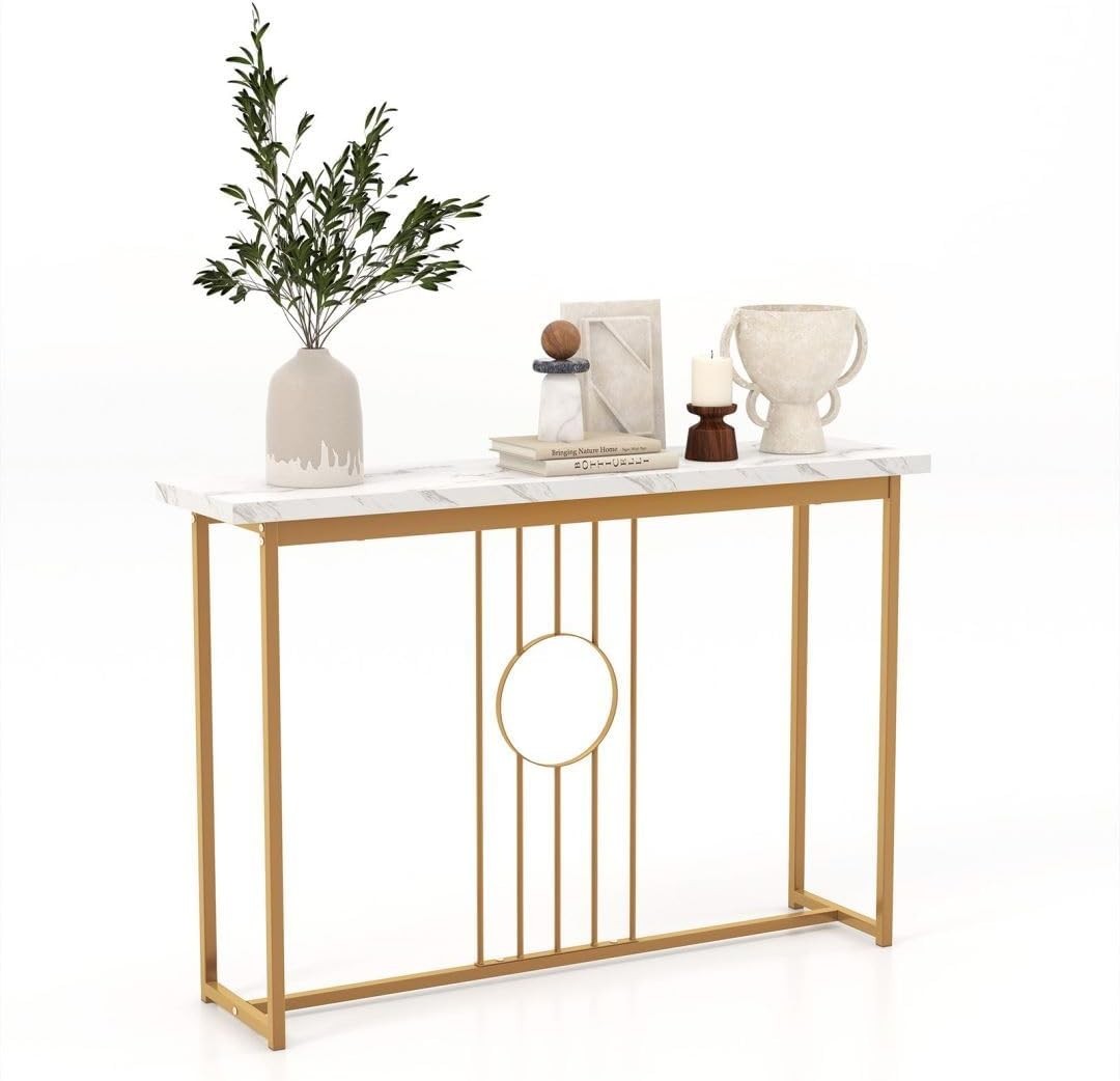 Slim Faux Marble Console Table with Gold Frame, Anti-Tip Safety