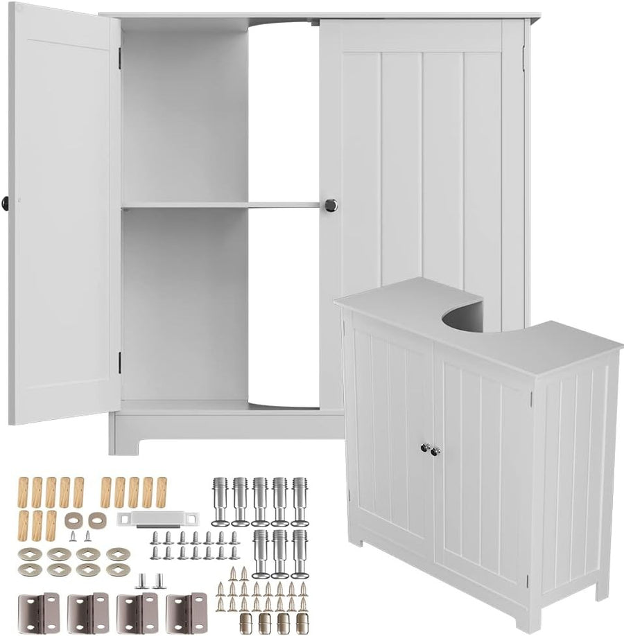 White Under Sink Bathroom Cabinet | 60x60x30cm MDF Storage Unit w/ Shelf