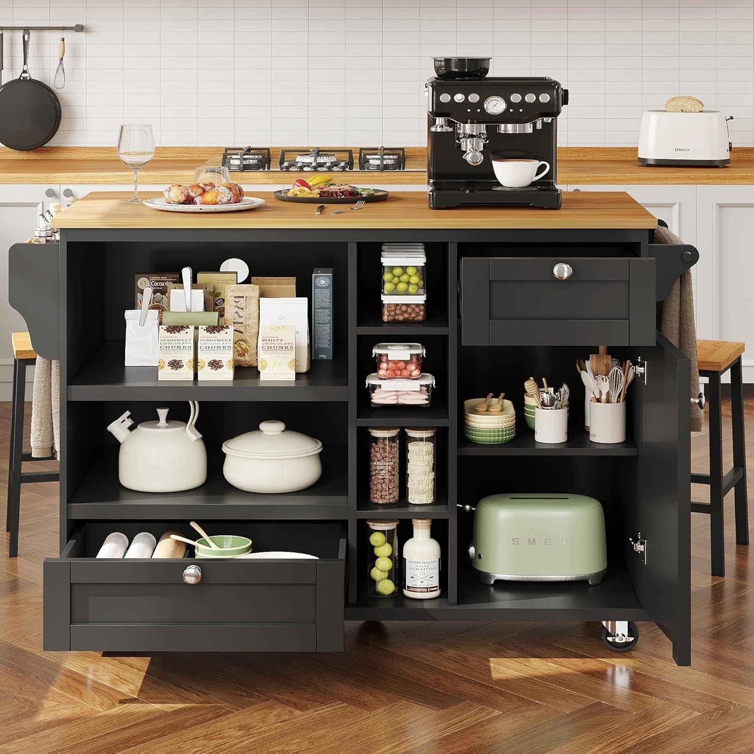 Kitchen Island on Wheels with Drawers & Cupboards, 129cm Black Unit