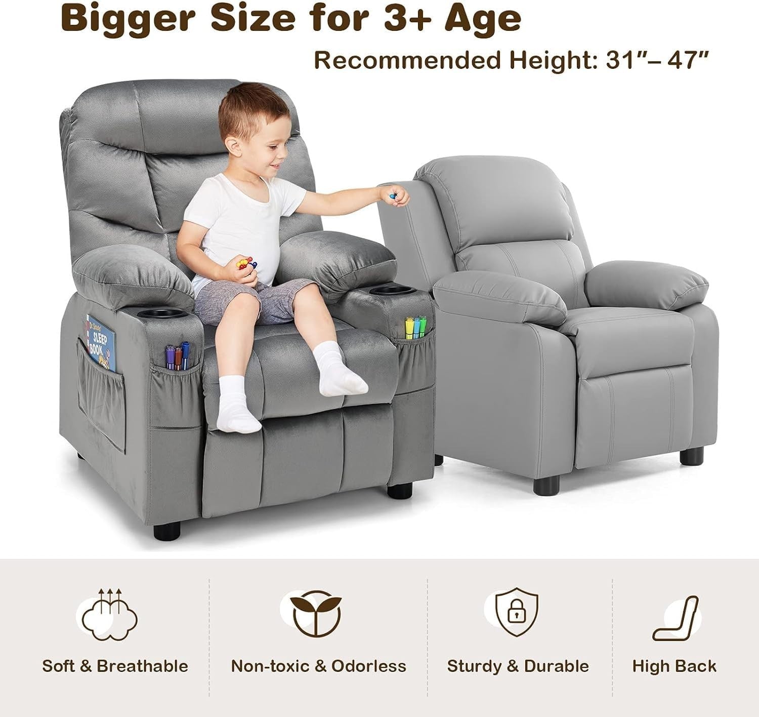Adjustable Kids Recliner Chair with Footrest, Cup Holders & Side Pockets