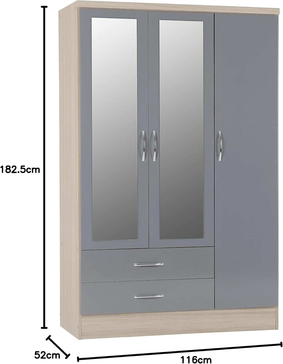 3 Door 2 Drawer Wardrobe Grey Gloss & Light Oak Effect Mirror Storage Unit