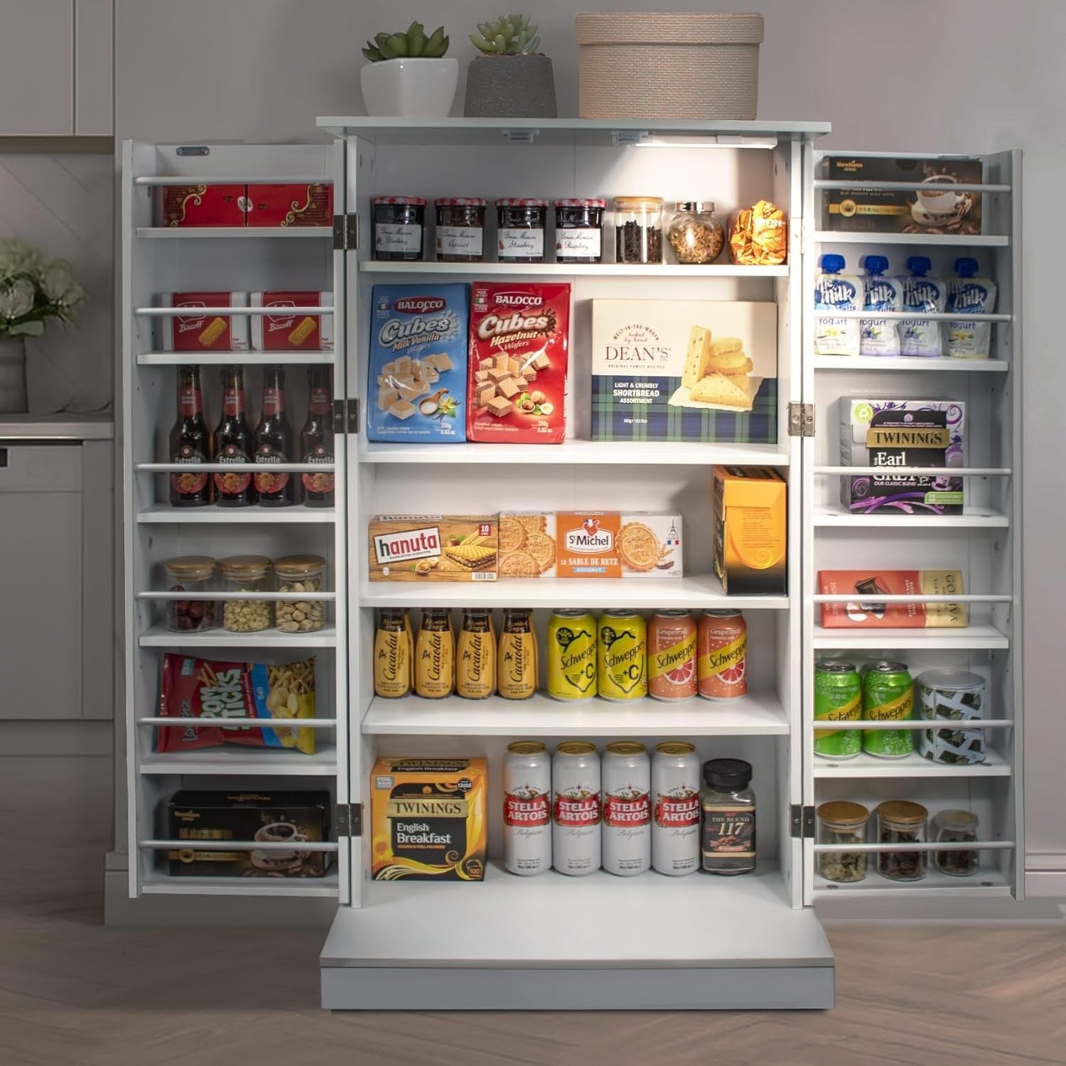 LED Pantry Cabinet Freestanding Storage Cupboard with Motion Sensor Light