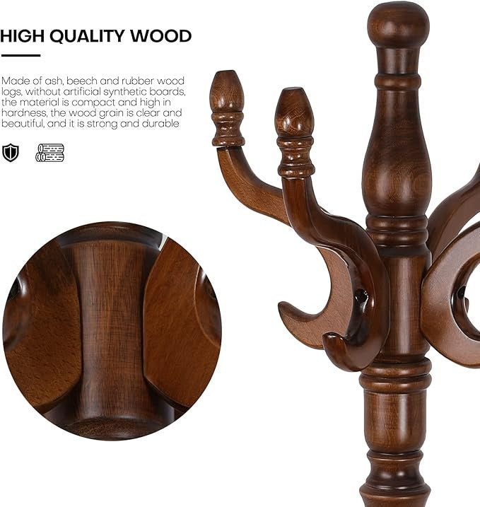 Solid Ash Wood Coat Rack 200cm Tree Stand with 8 Hooks Vintage Brown