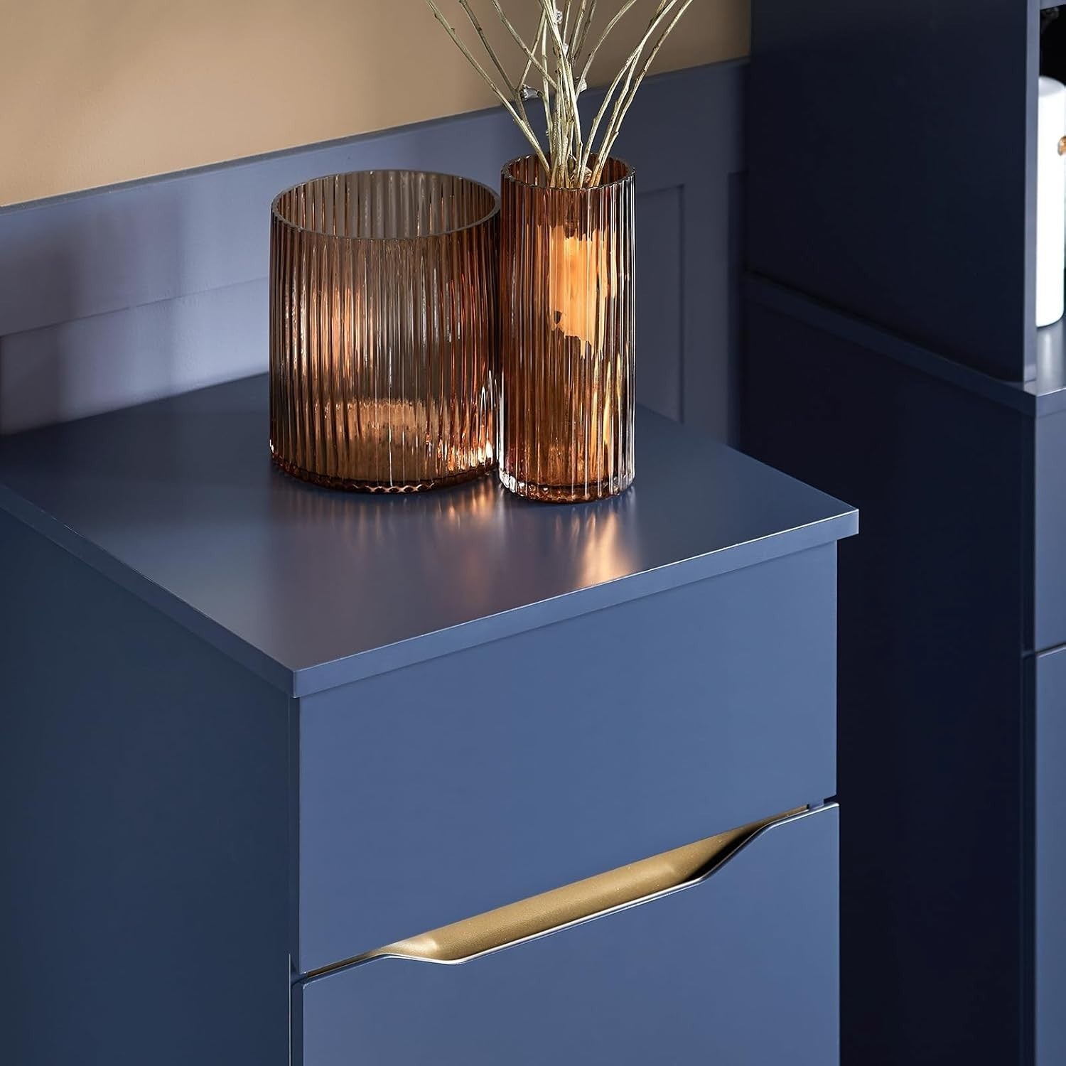 Slim Laundry Storage Cabinet with Built-In Basket & Drawer, Navy Blue