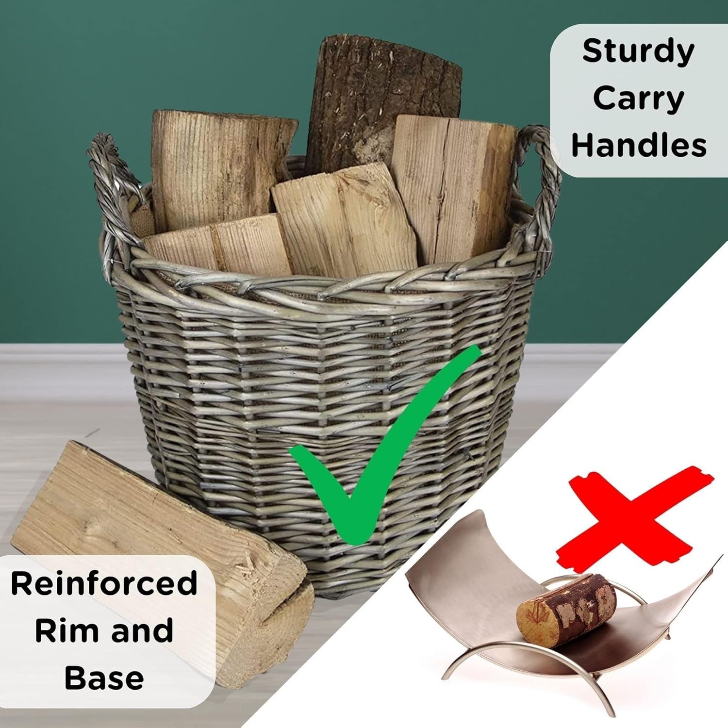 Wicker Log Basket Set with Handles & Lining – 51cm & 38cm Firewood Bins