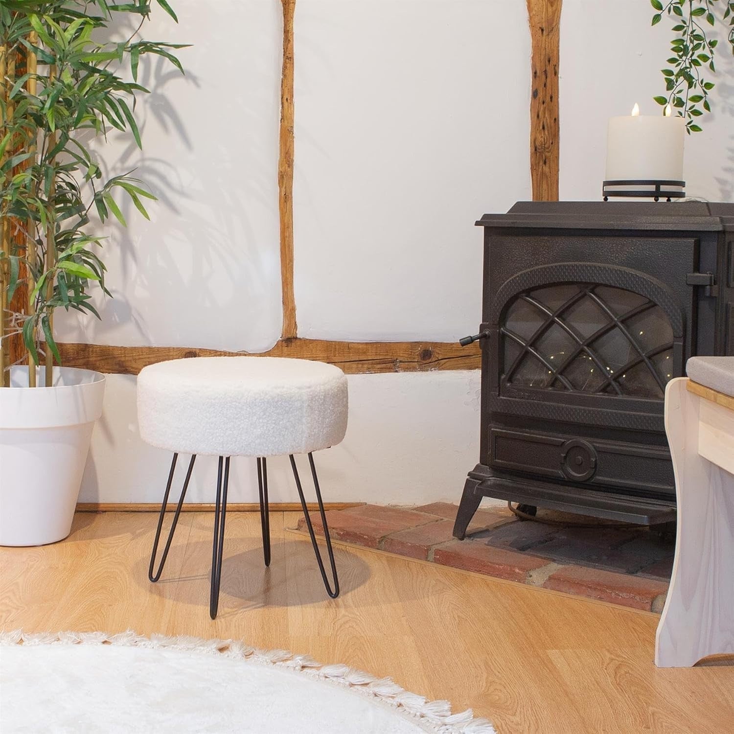 Cream Bouclé Round Footstool with Black Metal Legs – Modern Vanity Stool
