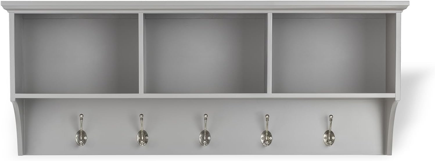 Dove Grey Wall Mounted Coat Rack 3 Wicker Baskets 5 Hooks Hallway Shelf