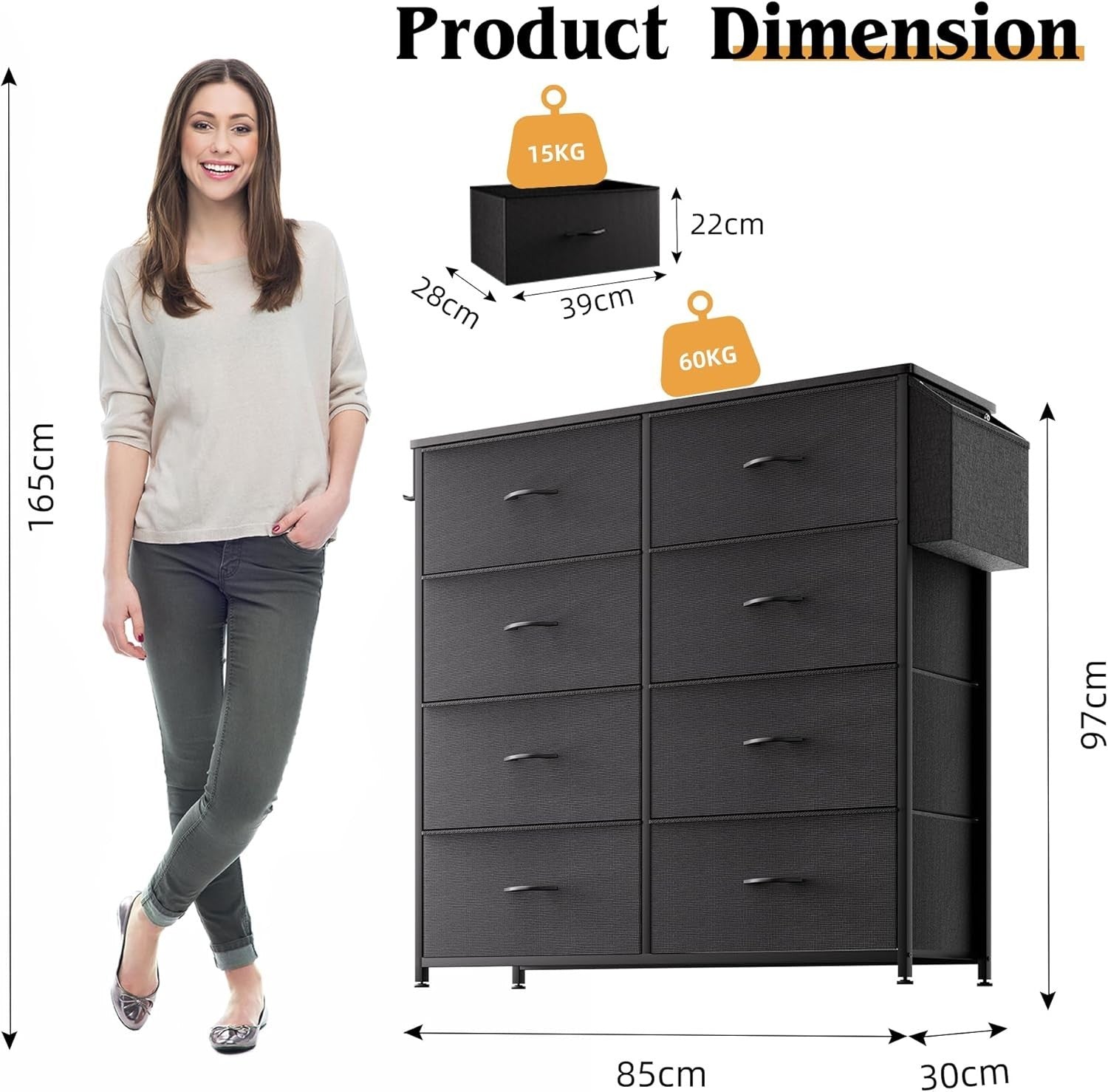 Black 8 Drawer Fabric Storage Unit w/ Labels & Pocket – 80x30x97cm