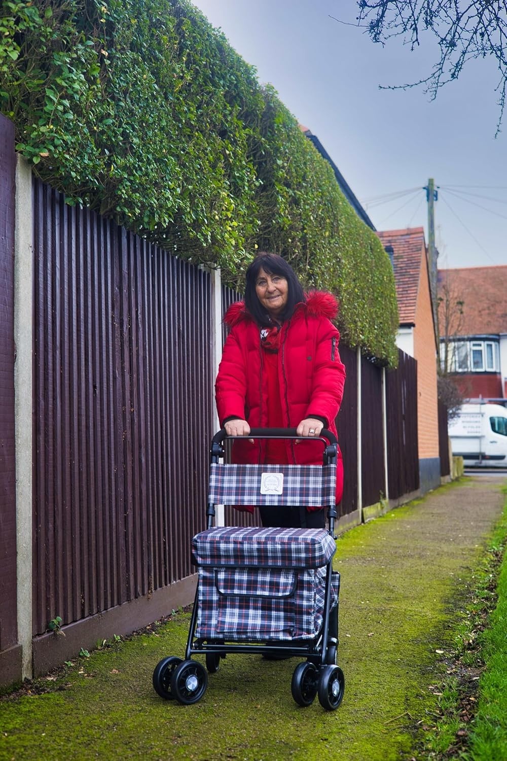 Red Check 6-Wheel Walk & Rest Shopping Trolley – Padded Seat & Back