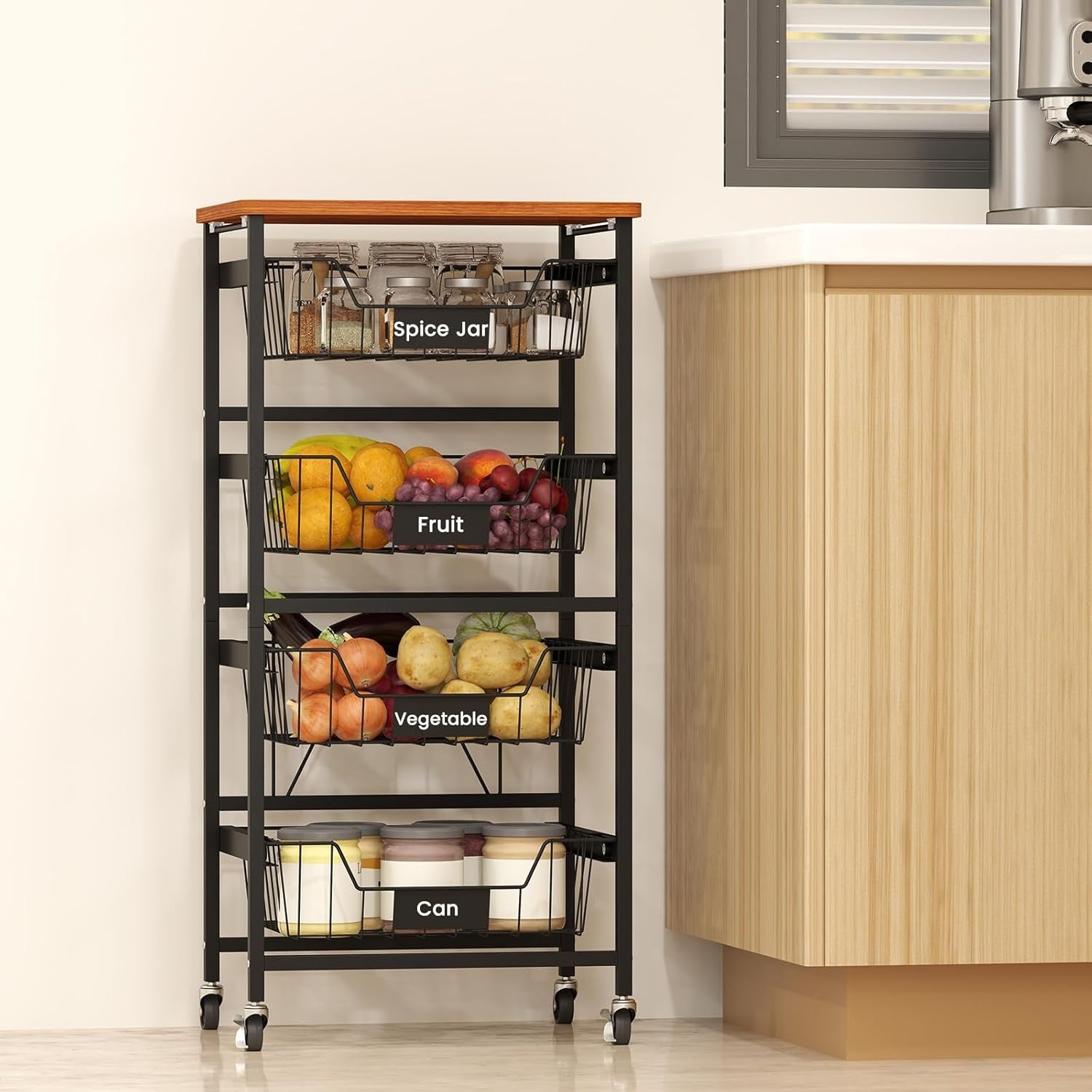 5 Tier Rolling Storage Cart Kitchen Trolley Mesh Baskets Wooden Top