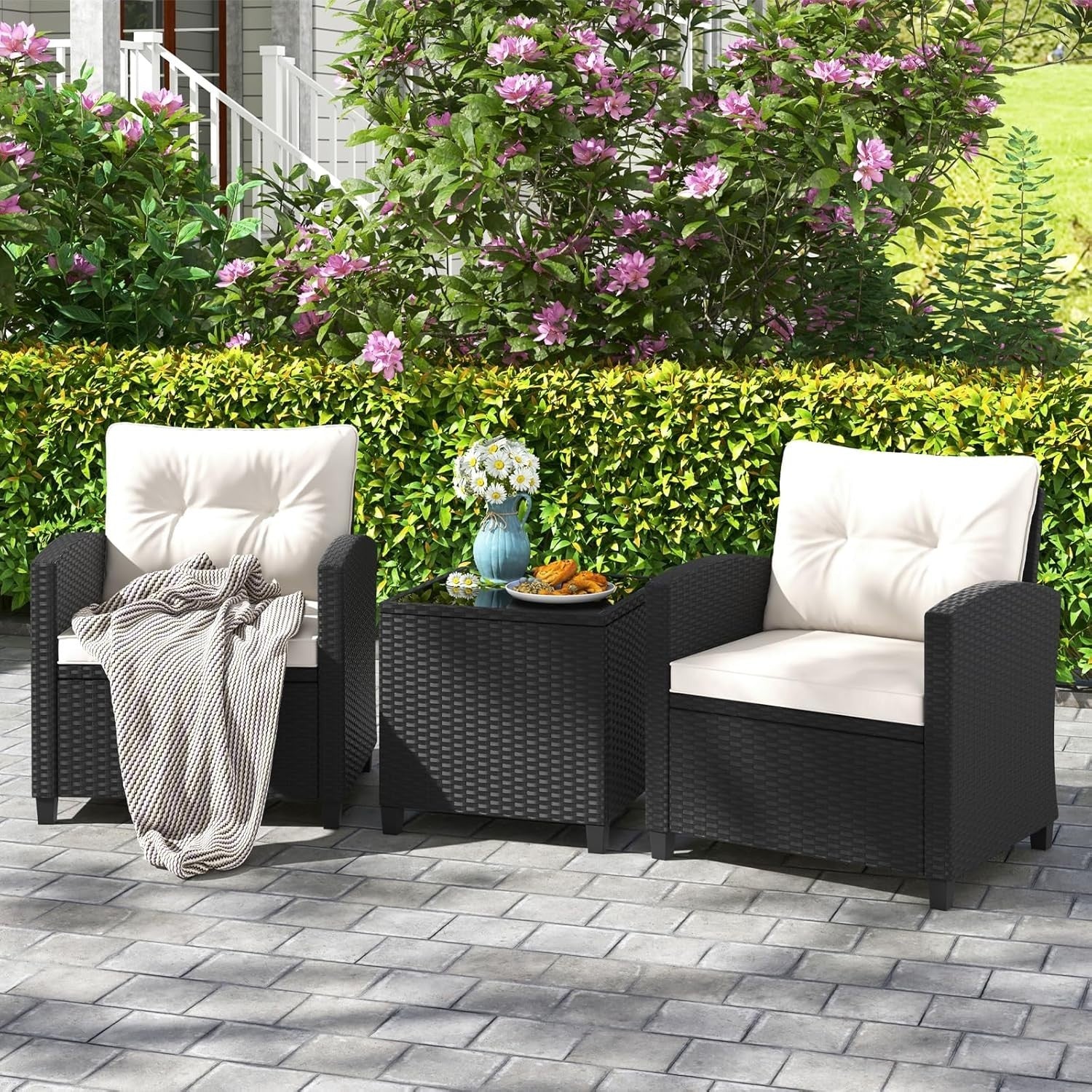 3PC Rattan Garden Bistro Set Chairs Table Cushions Outdoor Patio Lounge