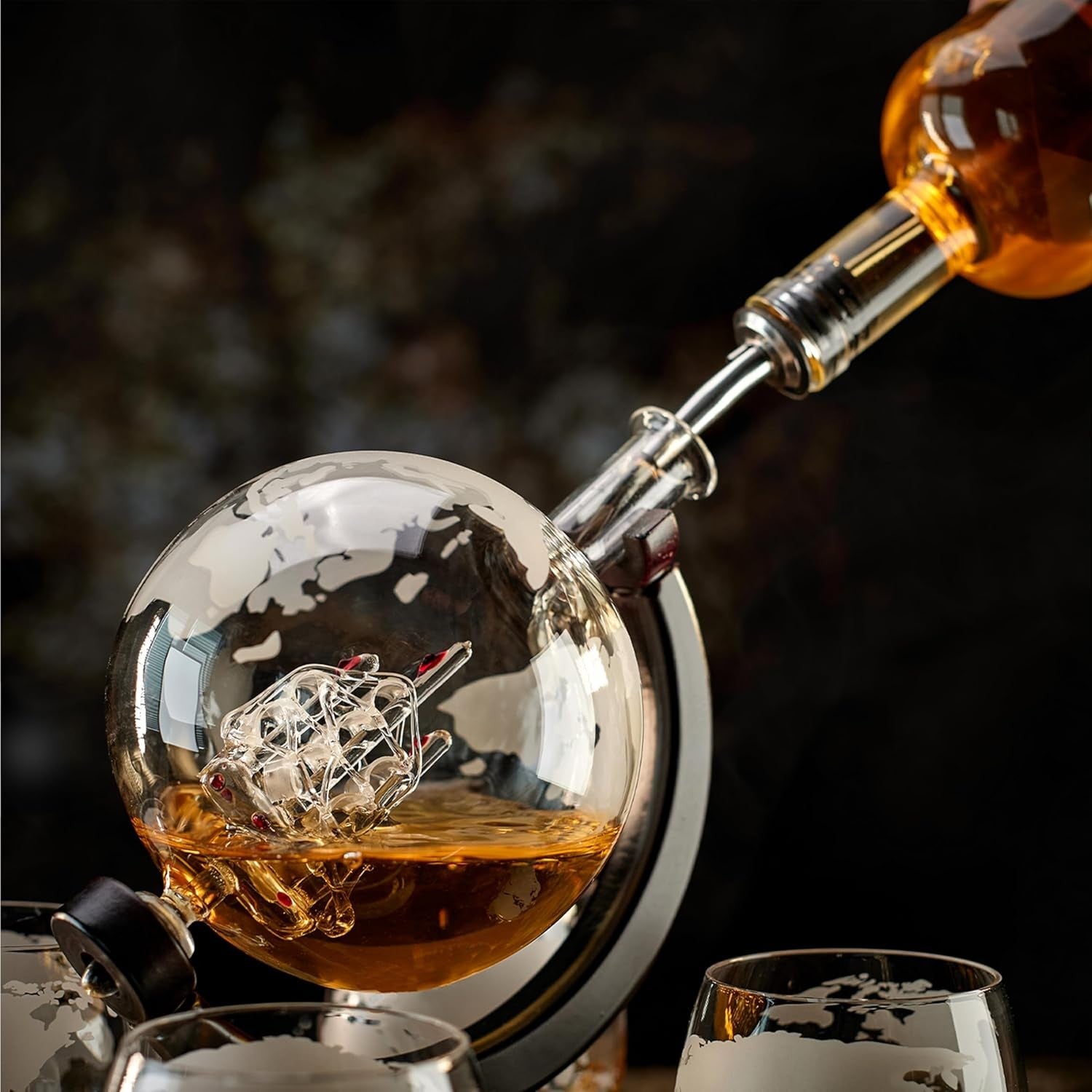 900ml Globe Whiskey Decanter Set with 4 Glasses Stones Tongs Luxury Gift