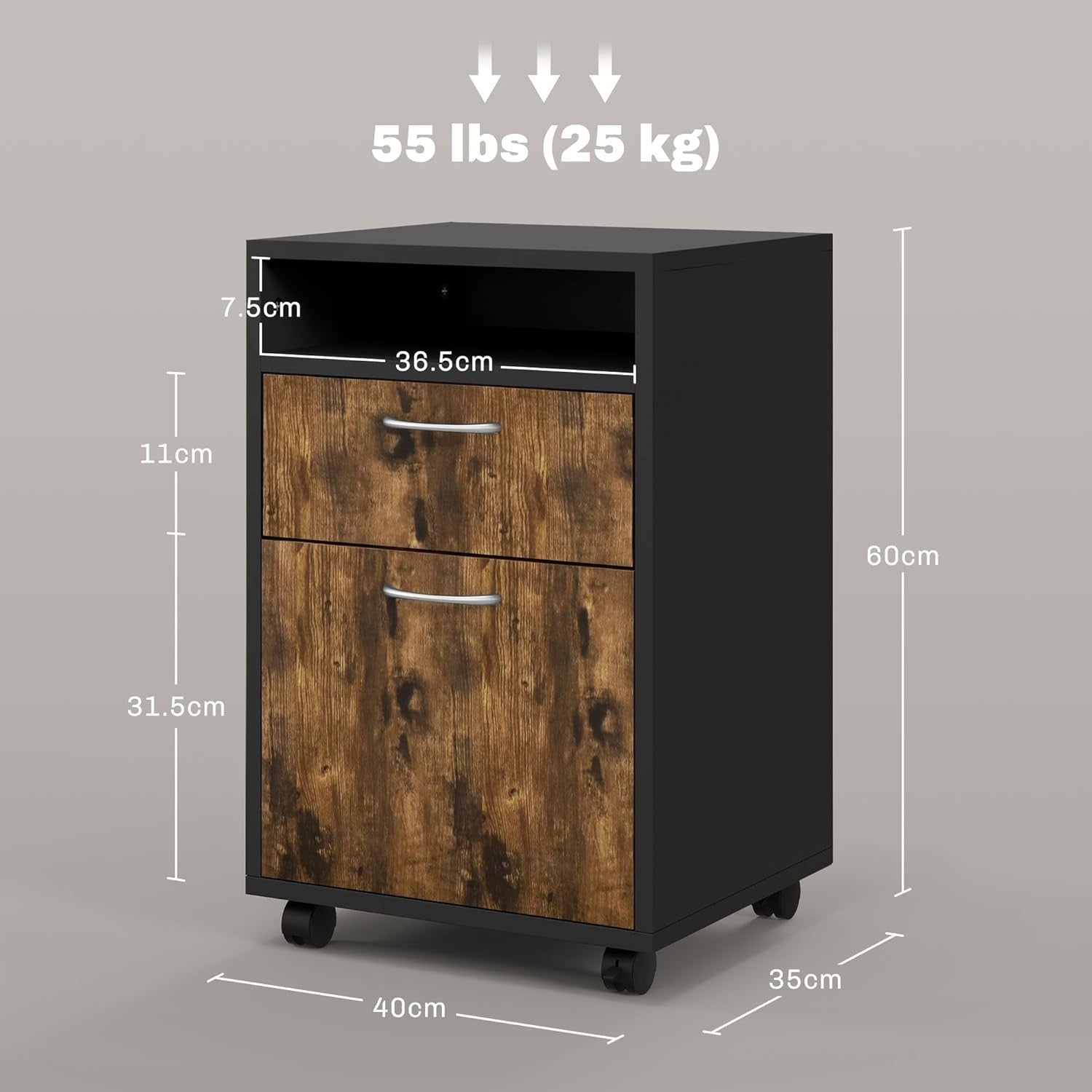 Rustic Brown Mobile Filing Cabinet with Wheels Drawer Storage for Home Office