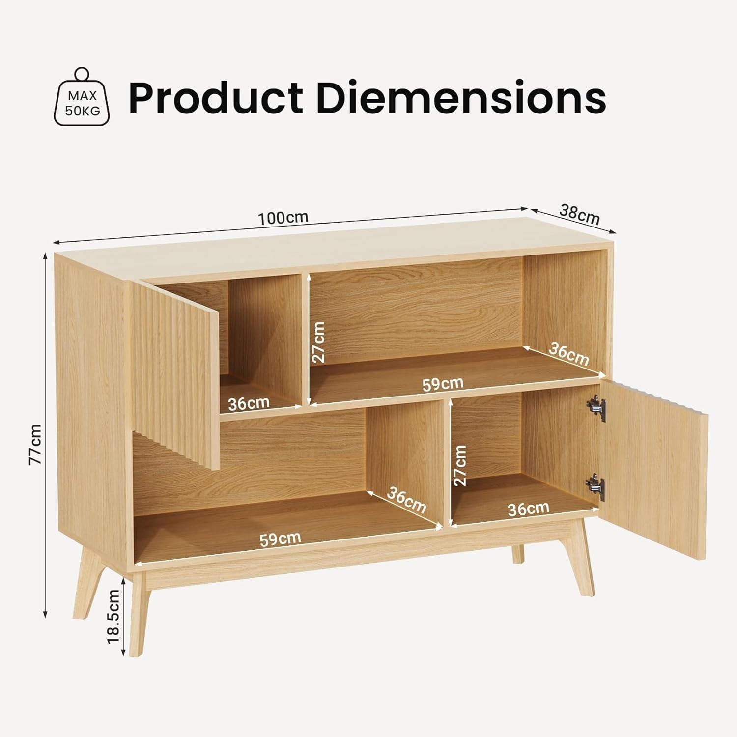 Modern Oak Sideboard Cabinet 100CM Storage Unit with Doors & Open Shelves