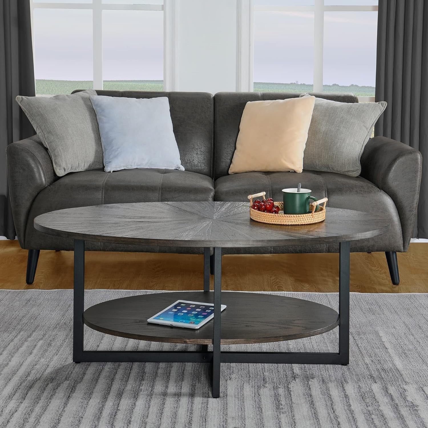 Rustic Brown Oval Coffee Table with Cross Metal Legs & 2-Tier Shelf 110x66cm