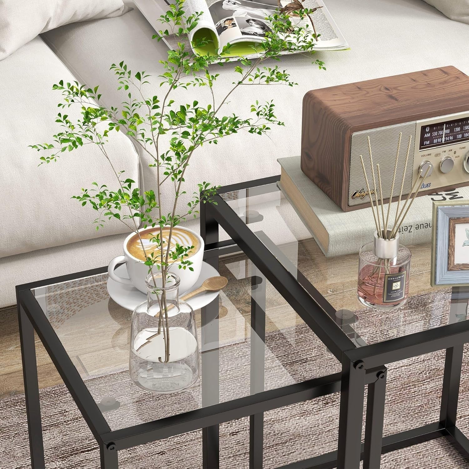 Black Nesting Coffee Table Set of 2 Square Tempered Glass Side End Tables