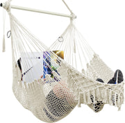 Beige Hammock Chair with Footrest & Cushions – Indoor Outdoor Swing Seat